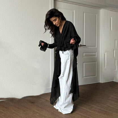 New temperament niche ruffle V-neck irregular mopping chiffon shirt versatile horn sleeve top premium