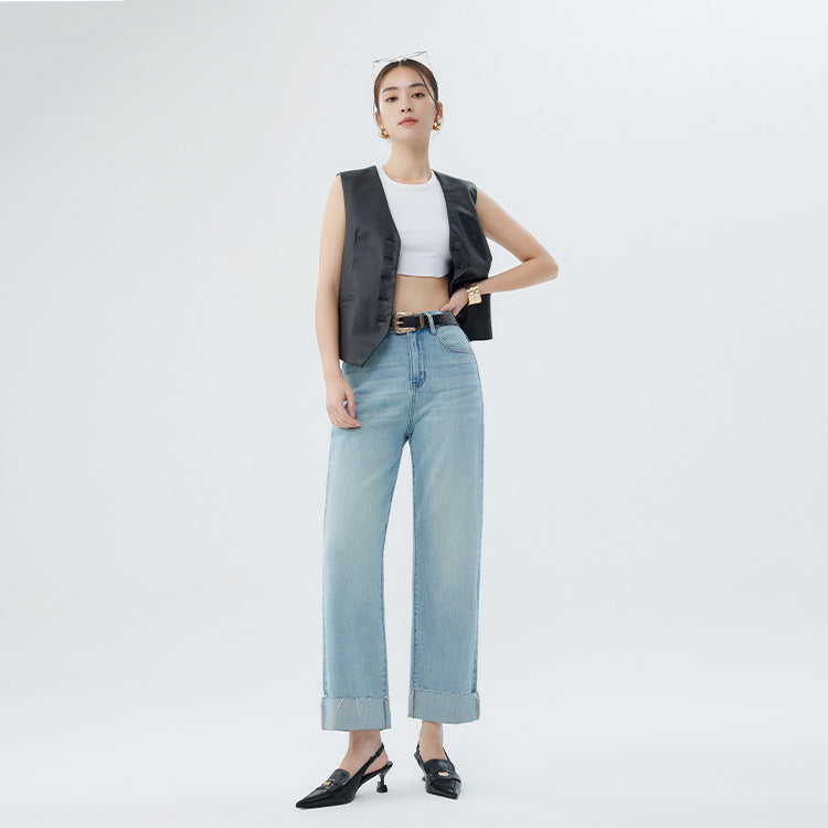 2025 Summer new Xinjiang long-staple cotton micro-elastic anti-wrinkle large-flanged women's clothing denim nine-point wide-leg pants straight-leg pants