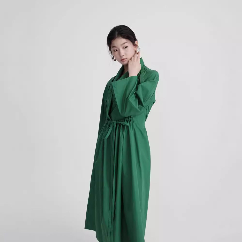 2025 Spring Original Design Green Cotton Waist Adjustable Pleated Long Dress Jacket A0810