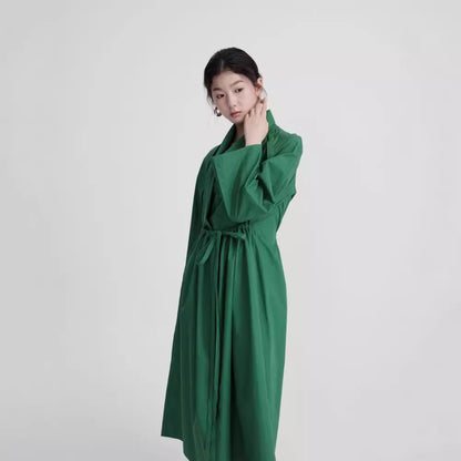 2025 Spring Original Design Green Cotton Waist Adjustable Pleated Long Dress Jacket A0810