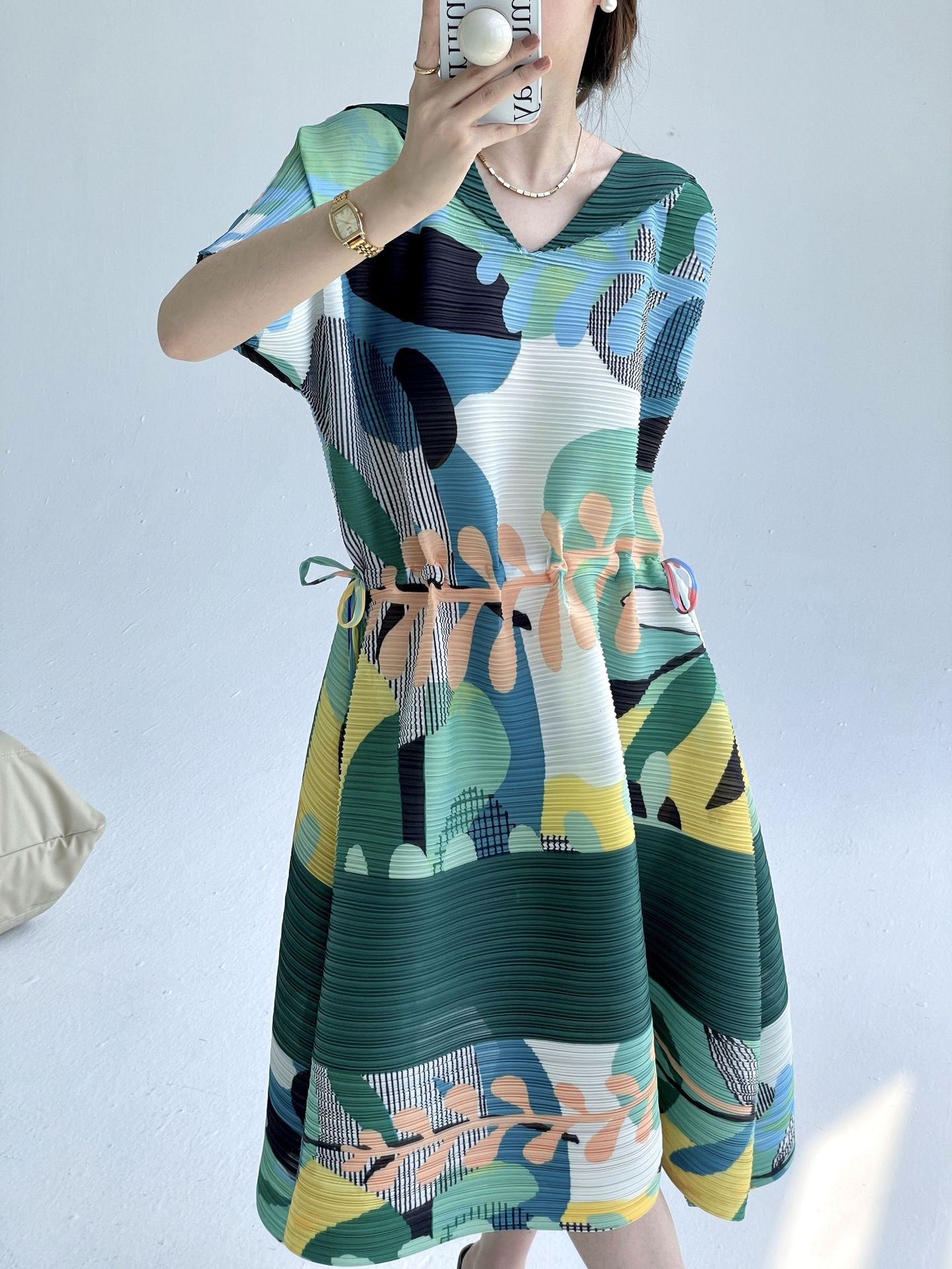 Miyake summer new fashion retro printing loose v-neck pleated dress femininity drawstring waist skirt