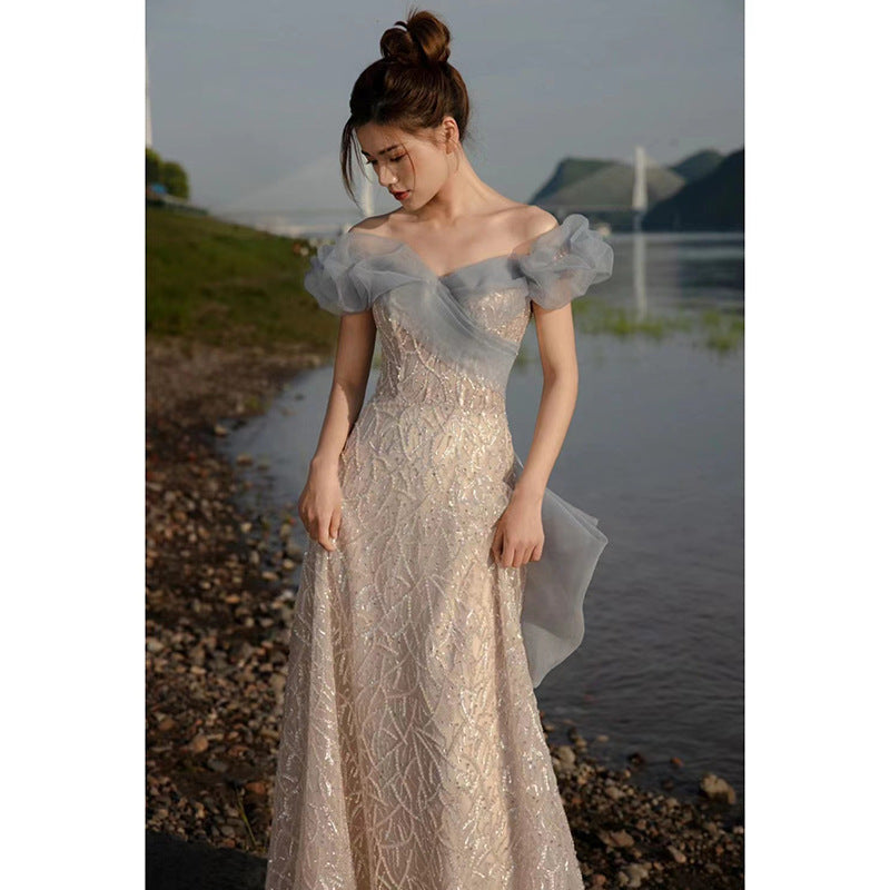 One-word shoulder  banquet evening dress women's 2025 new spring girlfriend bridesmaid engagement toasting dress bridal dress