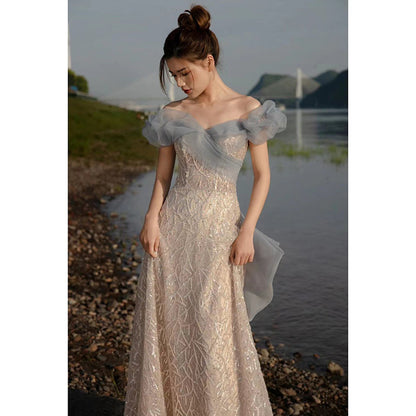 One-word shoulder  banquet evening dress women's 2025 new spring girlfriend bridesmaid engagement toasting dress bridal dress