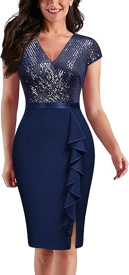 FLOWERSVERSE popular   Black Gold Double Spell Solid Color Temperament Commuter High Waist Fashion Sequin Dress