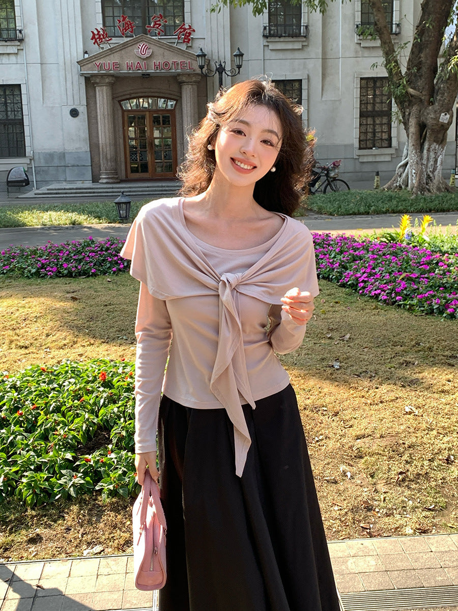 2025 Thirteen Lines  Spring New Korean Version Temperament Versatile Shawl Knitted Sweater Women's Long Sleeve Top 89310