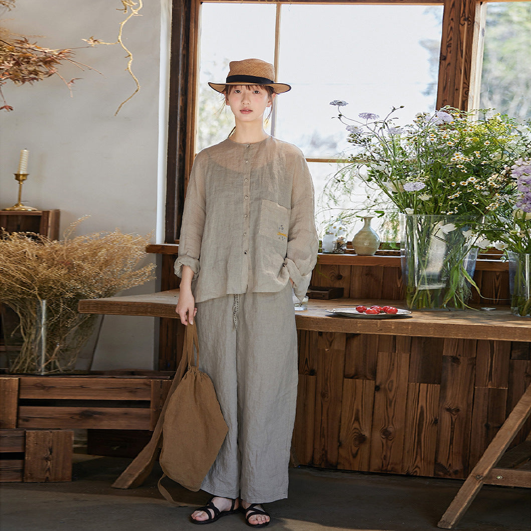 Linen crew neck open placket loose big shirt shirt woman, spring and summer coat woman, top spring versatile woman B0409