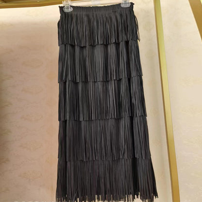 popular spring new Hong Kong-style retro style Internet celebrity with the same fringed skirt femininity thin waist pleated skirt
