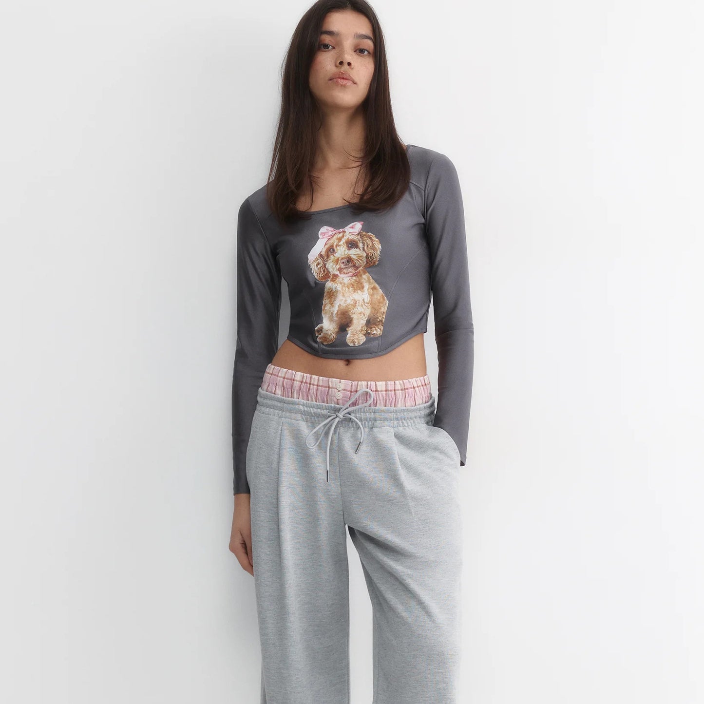 n style women's round neck long-sleeved open button long-sleeved T-shirt cartoon dog summer street casual trendy top