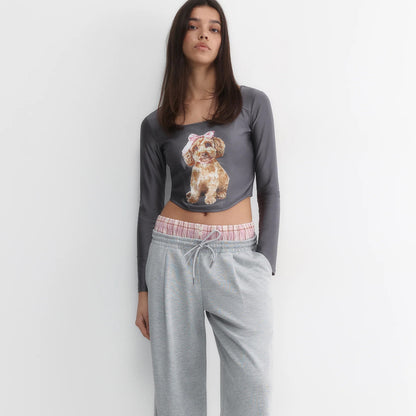 n style women's round neck long-sleeved open button long-sleeved T-shirt cartoon dog summer street casual trendy top