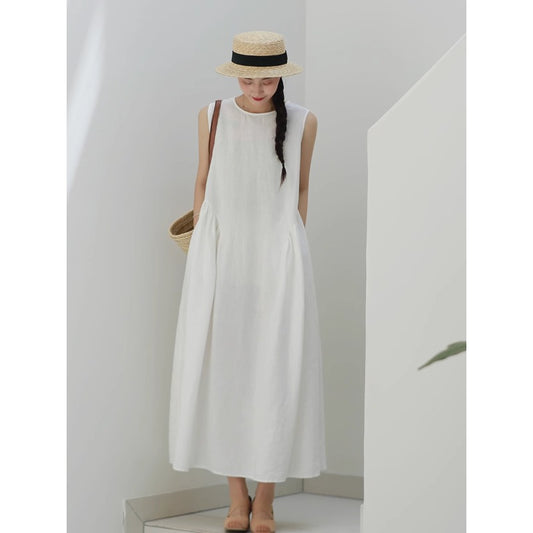 summer new simple solid color loose temperament vacation vest dress high sense medium and long dress