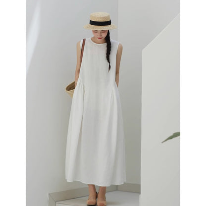 summer new simple solid color loose temperament vacation vest dress high sense medium and long dress