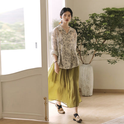 New Chinese style, ink pattern fairy long-sleeved top 2418 retro skirt set women, summer two-piece set