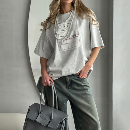 fashion street style cloth embroidered T-shirt for women's loose leisure and comfort versatile summer five-quarter sleeve round neck refined cotton