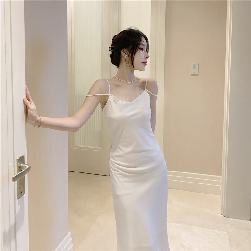 2025 Summer sexy pearl suspender dress femininity high-end celebrity design sense niche vacation dress evening dress
