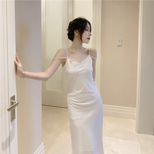 2025 Summer sexy pearl suspender dress femininity high-end celebrity design sense niche vacation dress evening dress