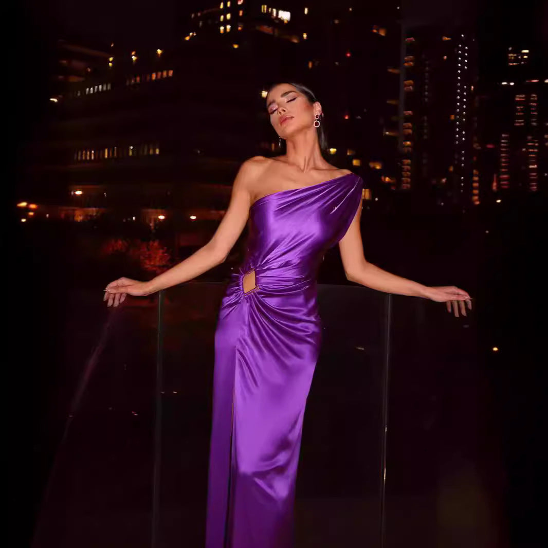 FLOWERSVERSE popular New spring and summer new long dress waist high waist temperament commuting solid color slanted shoulder temperament evening dress dress