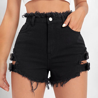 2025n summer trendy brand Spice Girl sexy retro rough edge hollow on both sides adjustable denim super shorts versatile hot pants