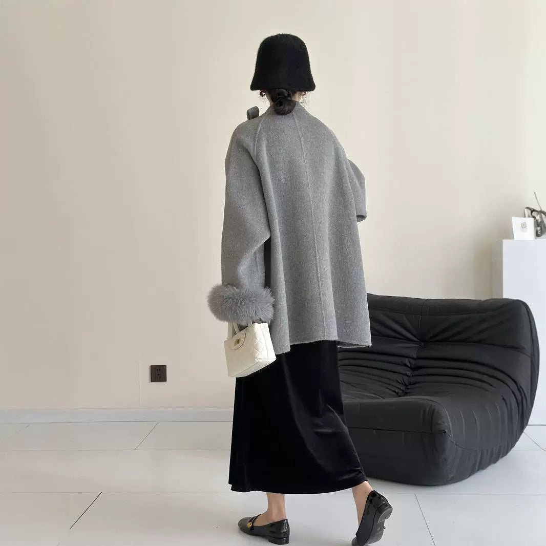 2025 Bow fox hair cuffs shoulder sleeves stand neck double breasted double-sided wool woolen coat jacket warm autumn and winter