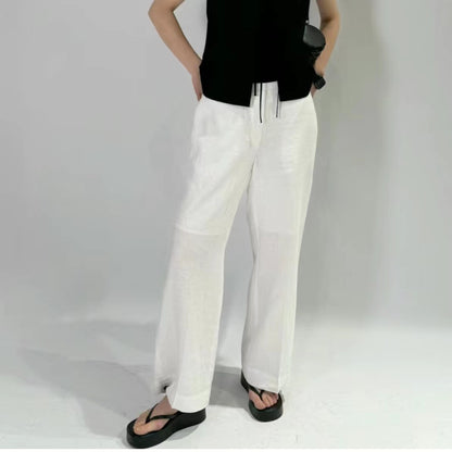 flowersverse CS Women's Casual Pants  Spring New Wide Leg Fine Cut Linen Trousers, White 1208909002