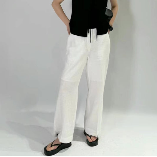 flowersverse CS Women's Casual Pants  Spring New Wide Leg Fine Cut Linen Trousers, White 1208909002