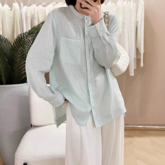 2025 Stylish casual light breathable premium linen top new solid color round neck single-breasted loose long-sleeved shirt women