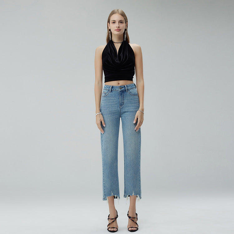 2025 Spring new long-staple cotton elastic jeans high waist, thin and high nine-point pants anti-wrinkle and non-fading women's denim