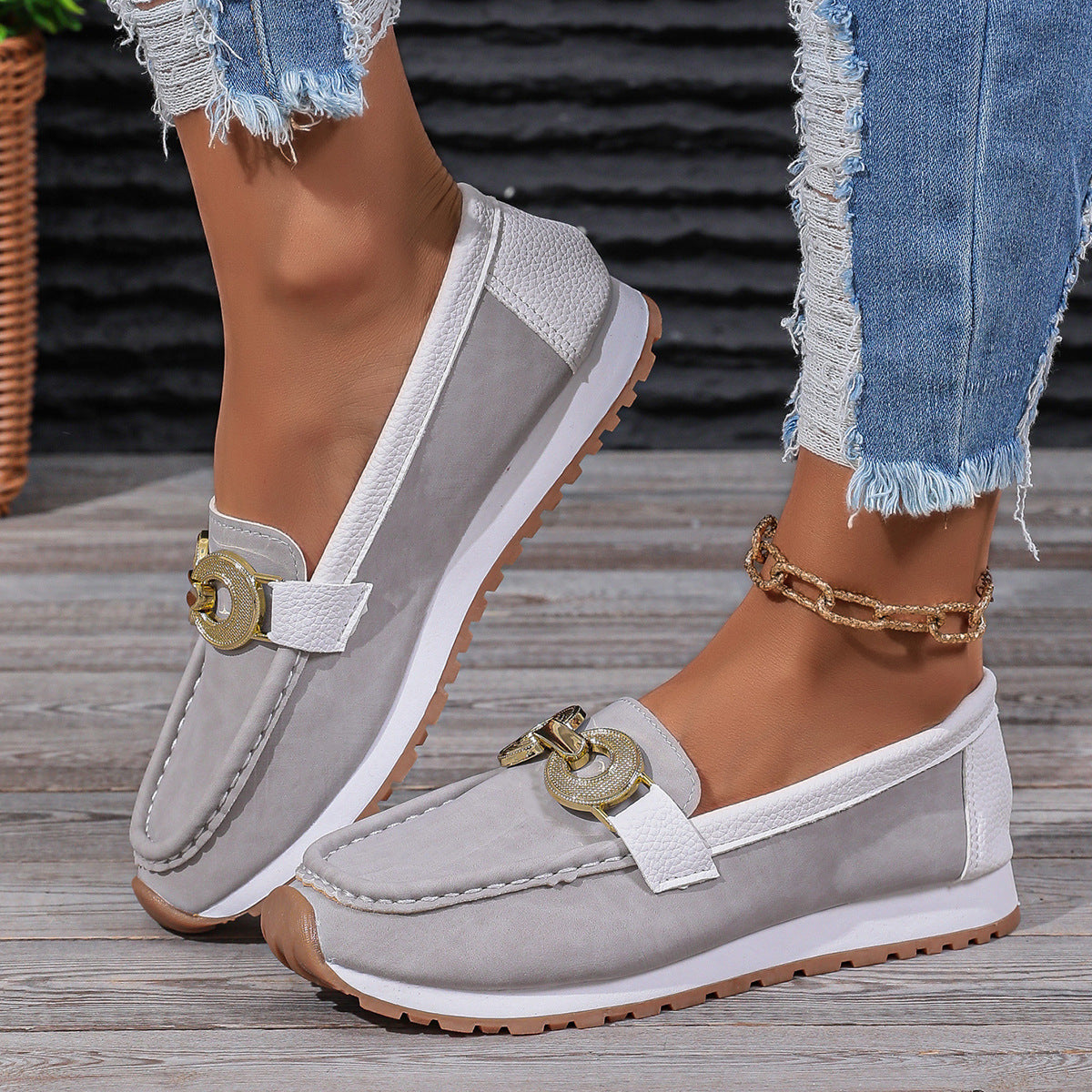 flowersverseCross-Border Foreign Trade plus Size Women's Shoes  Summer New Metal Buckle Flat Casual Cloth Surface Pumps Size 43 Independent Station