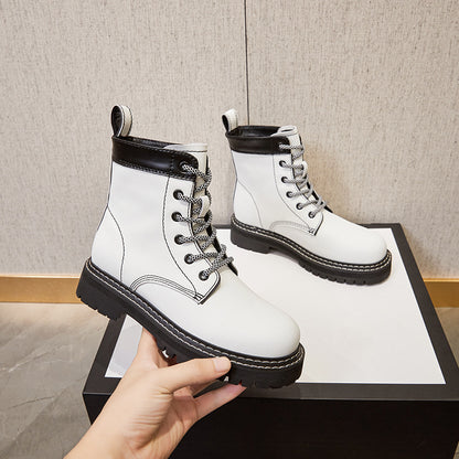 2025 autumn new white lace-up short boots thick-soled round-headed women's boots spring and autumn single boots Martin boots summer thin