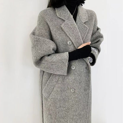 2025 popular popular long-haired solid-color double-sided cashmere coat, double-breasted classic women's coat manufacturer wholesale