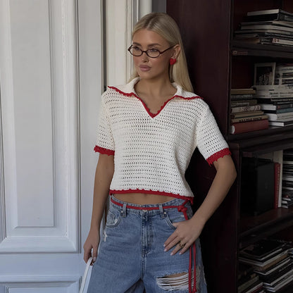 personalized summer new knitted hollow navy round neck five-quarter sleeve polo shirt front shoulder women's short loose and spicy