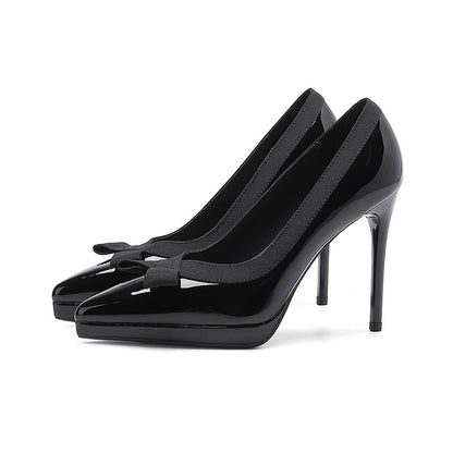 2025 1088-20 pointed thin heel high heels women's shallow mouth temperament bow high heel single shoes waterproof table patent leather women's shoes