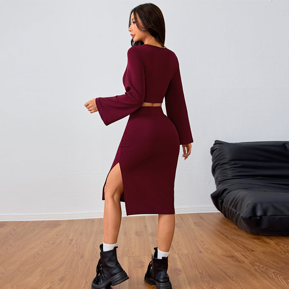 FLOWERSVERSE 2025 International Station  2025 women's clothing Sexy versatile fashion suit Autumn and winter new burgundy top two-piece set