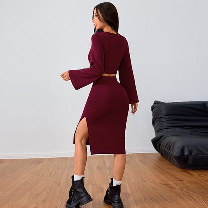 FLOWERSVERSE 2025 International Station  2025 women's clothing Sexy versatile fashion suit Autumn and winter new burgundy top two-piece set