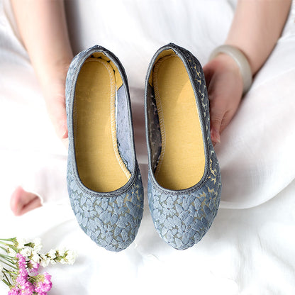 flowersverseOld Beijing Cloth Shoes Breathable Hollow Mesh Surface Shallow Mouth Sandals Women's Single Shoes Flat Heel Flat Pointed Flower Mother Shoes