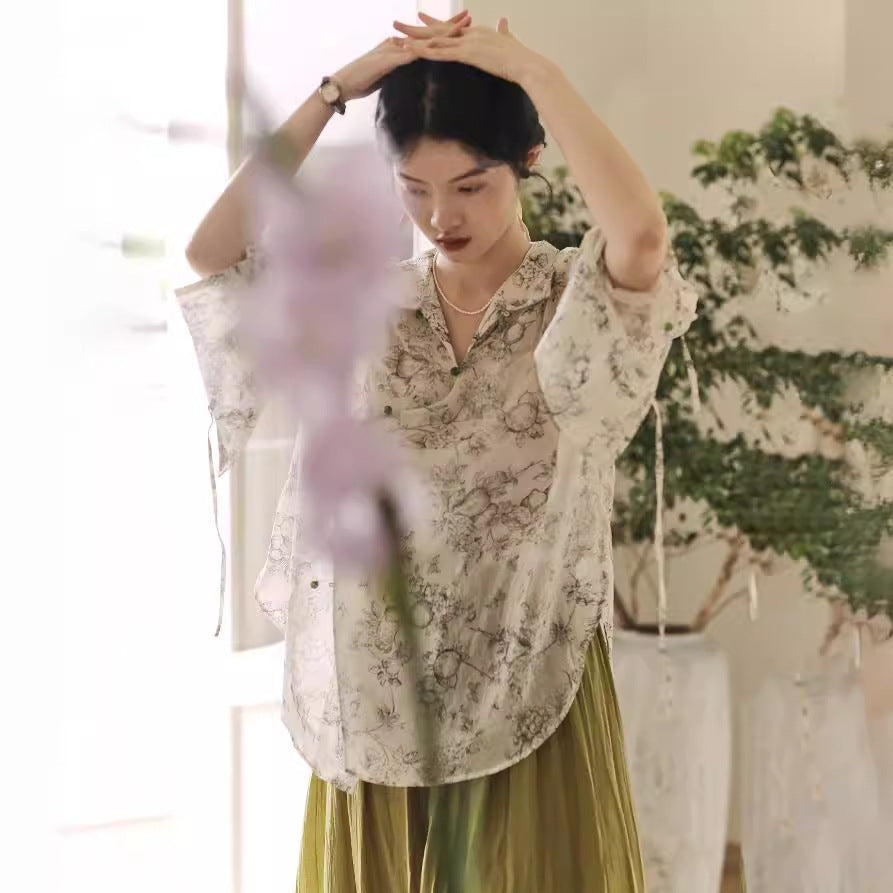 New Chinese style, ink pattern fairy long-sleeved top 2418 retro skirt set women, summer two-piece set