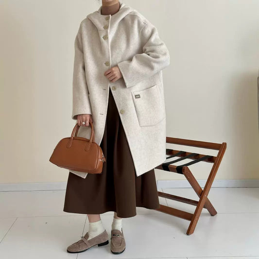 2025 Yak down mulberry silk wool hooded single-row multi-buckle shoulder sleeves extended double-sided woolen cashmere coat autumn and winter