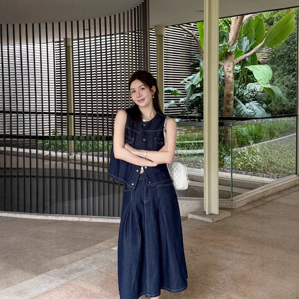 Siyuan S * W same Lyocell cotton retro denim vest/skirt temperament suit women 9102 + 9103