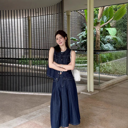 Siyuan S * W same Lyocell cotton retro denim vest/skirt temperament suit women 9102 + 9103