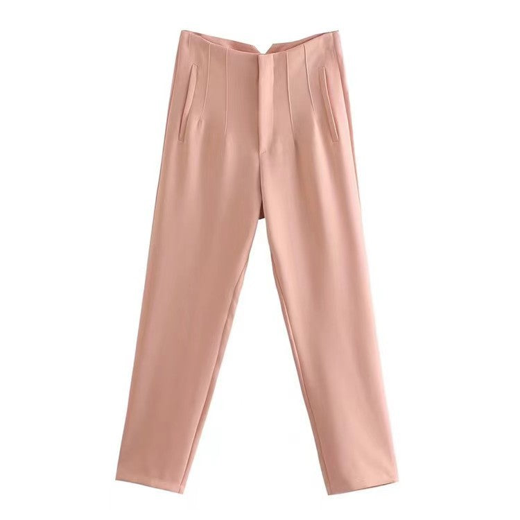 FLOWERSVERSE  Women's Trousers European and American  Cross-Border New Arrival Slim-Fit Slimming Solid Color Pleating Micro-Elastic Formal Wear Straight-Leg Pants Casual Pants
