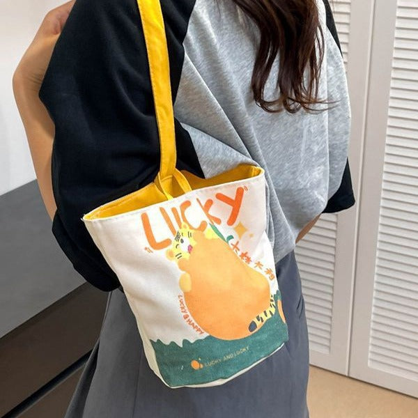 FLOWERSVERSE  New Cartoon Canvas Bag Bucket Bag Printed Cute Small Handbag Contrast Color Bento out Rabbit Small Carrying Bag
