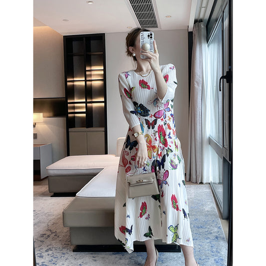 Miyake  autumn new  printing slim pleated dress light luxury elegant celebrity temperament long dress