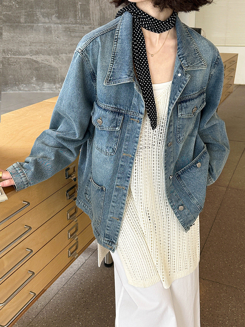 2025  spring new Korean version design sense washed denim lapel breasted casual loose jacket top 3170