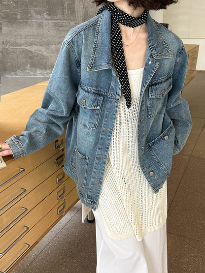 2025  spring new Korean version design sense washed denim lapel breasted casual loose jacket top 3170