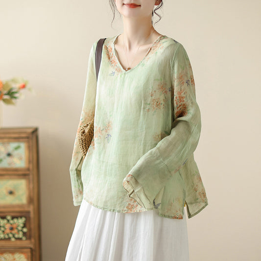 Cotton and linen printed V-neck burr top women's short literary Zen shirt summer tea clothing temperament cold wind shirt women