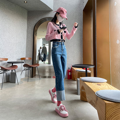 2025 high-end summer new jeans, medium blue elastic nine-point pants, high-rise and thin high-waisted straight-leg pants