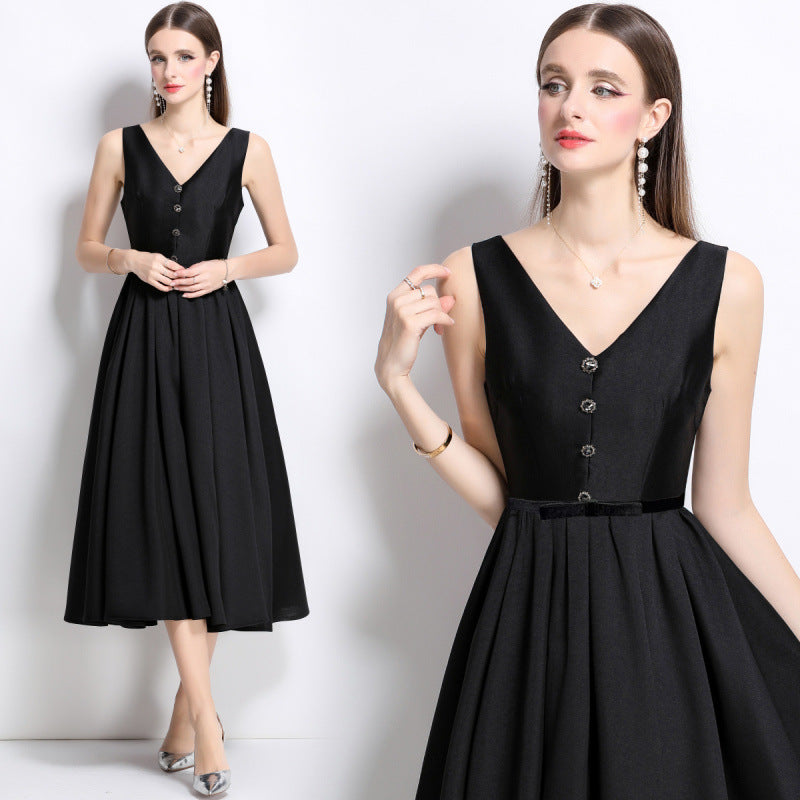 high-end black Hepburn style suspender dress skirt waist sleeveless vest bottoming inner dress women