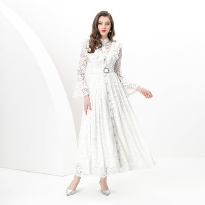 new  women's dress high-end fungus edge splicing single-breasted waist lace embroidered dress