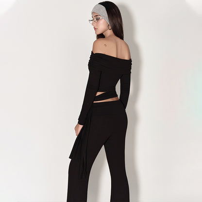 FLOWERSVERSE 2025 Spring New 2025 Women's Clothing Sexy Spice Girls One-word Shoulder Straps Short Navel Long Sleeve T-Shirt Top Women