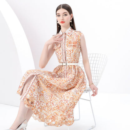 court style deep V-neck small flying sleeves waist thin single-breasted printing split-ended ruffle edge holiday dress