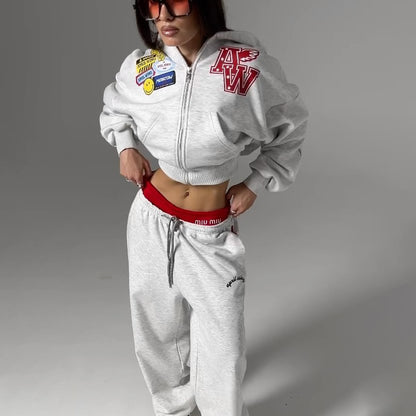 Spring  new short suit sweater  loose hooded letter printing niche suit women